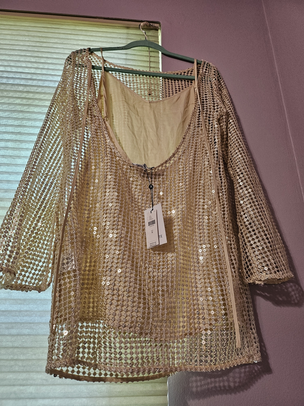 Anthropologie Metallic Gold Crochet Mini Dress - Picture 5 of 7